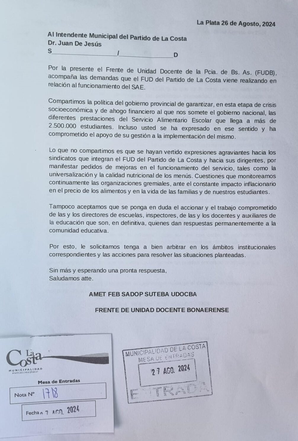 Carta del FUD de la Provincia de Buenos Aires al Intendente del Partido de La Costa